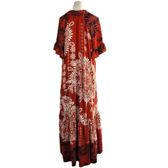 By ANTHROPOLOGIE Ruffle-Sleeve Maxi Dress S Tiered Medallion Print Boho Breezy - Picture 8 of 12